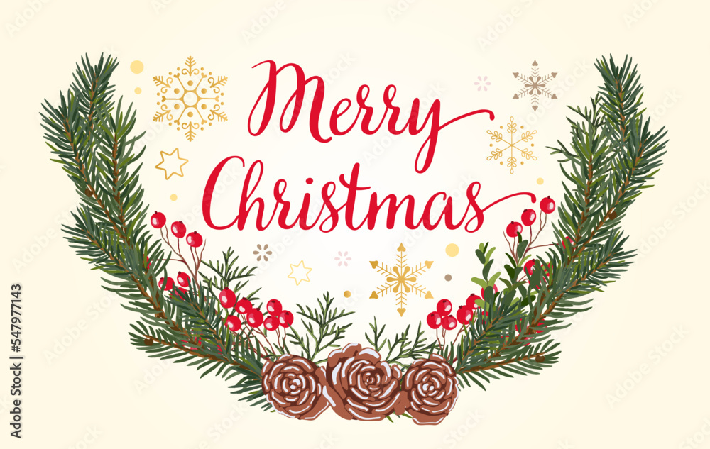 Christmas wreath. Fir branches, red berries and cones vector illustration. Hand drawn botany elements. Christmas wreath. Fir branches, red berries and cones vector illustration. Hand drawn botany elements.