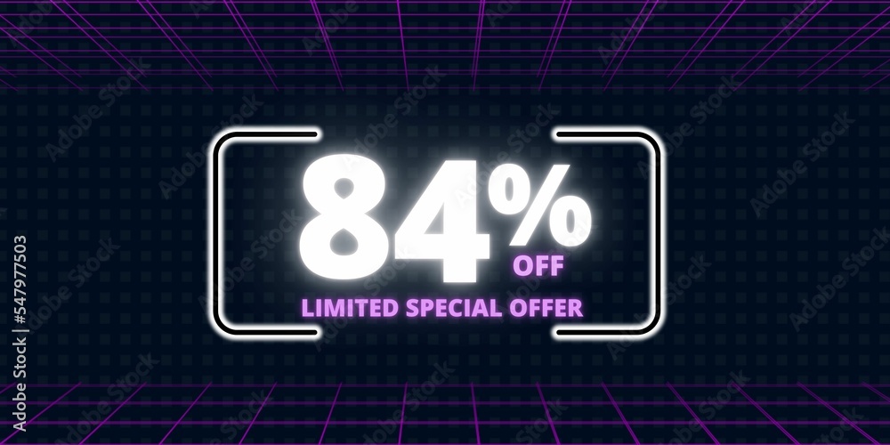84% off limited special offer. Banner with eighty four percent discount on a  black background with white square and purple