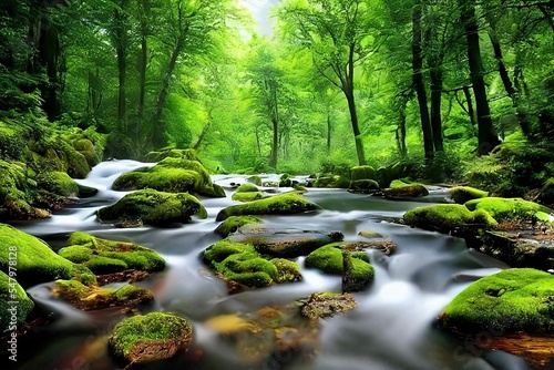 Beautiful 3D Nature and landscape wallpaper of a waterfall in a forest with sun ray photo