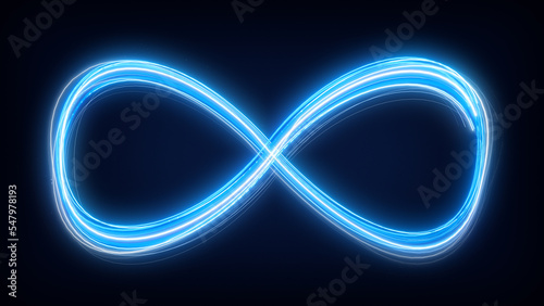 Infinity symbol appears of multiple glowing lines on black background from many lines. Lines draw moving infinity sign. neon style motion line 3d rendering