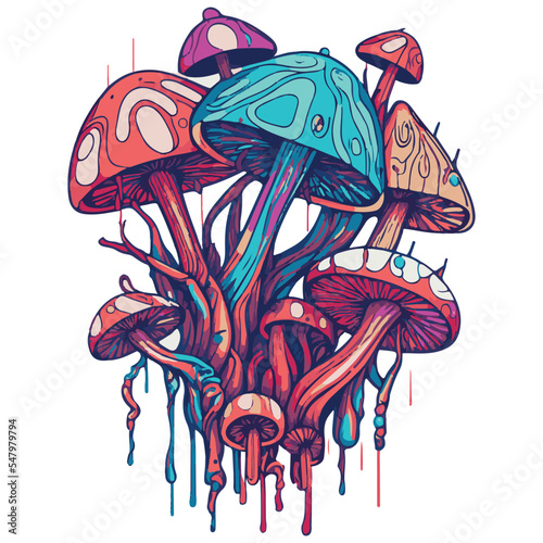 Mushroom vector illustration. Psychedelic trippy fungus. Organic magic hippie cartoon drawing.Groovy, 70's style element. Colorful art of natural plant. Poster of drugs. Peace and love movement.