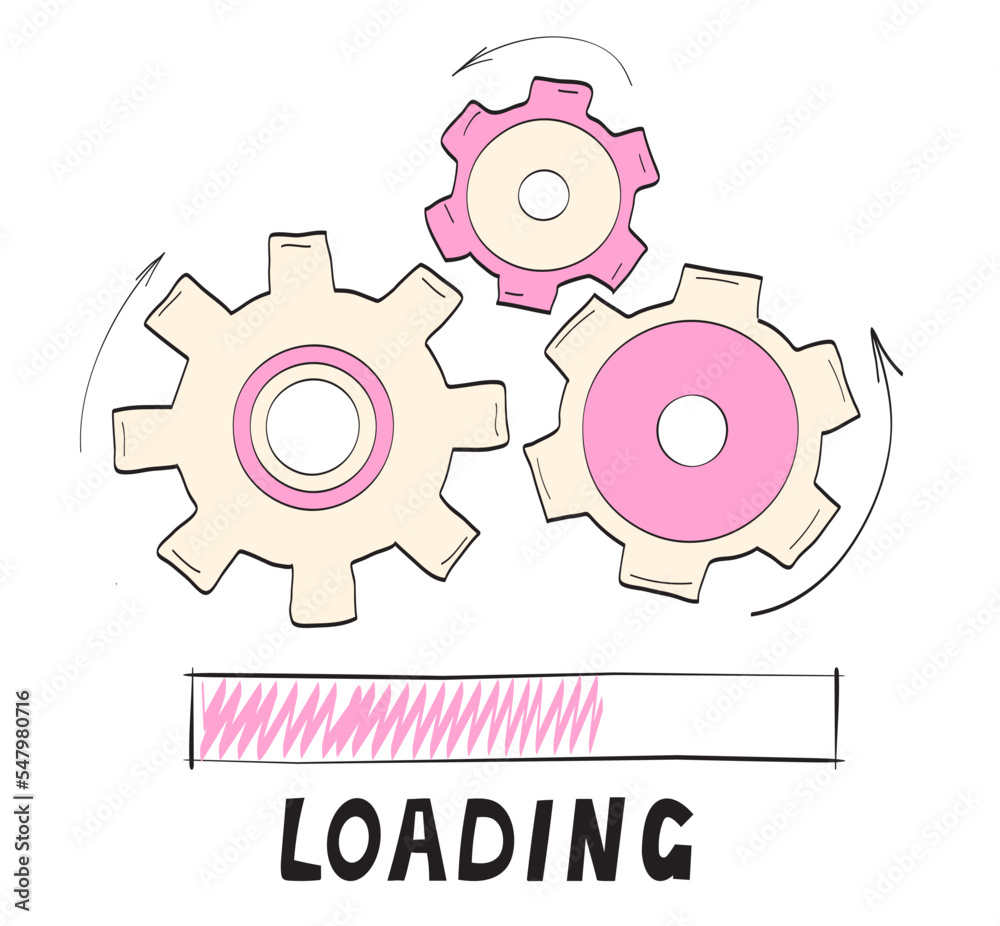Gears rotates, loading progress bar vector style in doodle style. Load ...