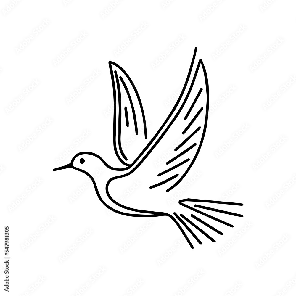 Fototapeta premium Dove minimal line art logo.. Outline illustration design of bird flying. Isolated drawing of pigeon silhouette Emblem of freedom. Continuous line. Simple tattoo idea. Simple love concept. Vector art.