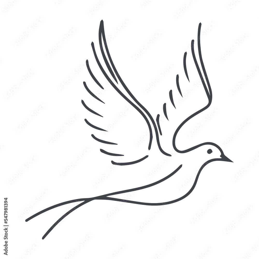 Fototapeta premium Dove minimal line art logo. Outline illustration design of bird flying. Isolated silhouette drawing