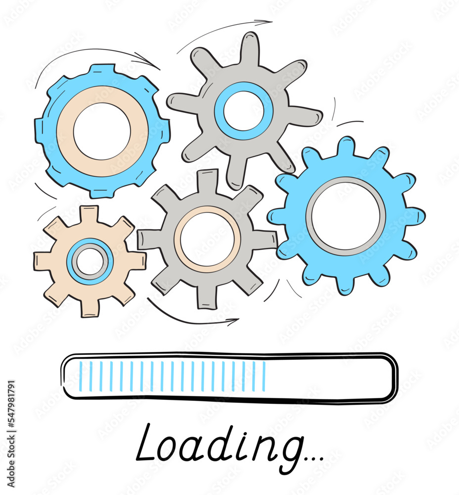 Gears rotates, loading progress bar vector style in doodle style. Load progress bar for UI. Upload status or download round process.