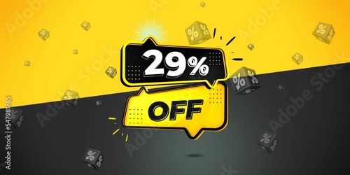 29  off limited special offer. Banner with twenty nine percent discount on a  black and yellow background with yellow square and black. Illustration 3d