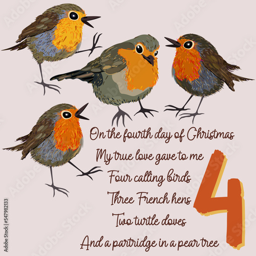 The twelve days of Christmas. Fourth day. Four calling birds. Christmas concept.