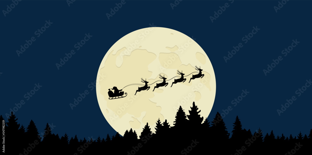 santa with reindeer sled at full moon night landscape