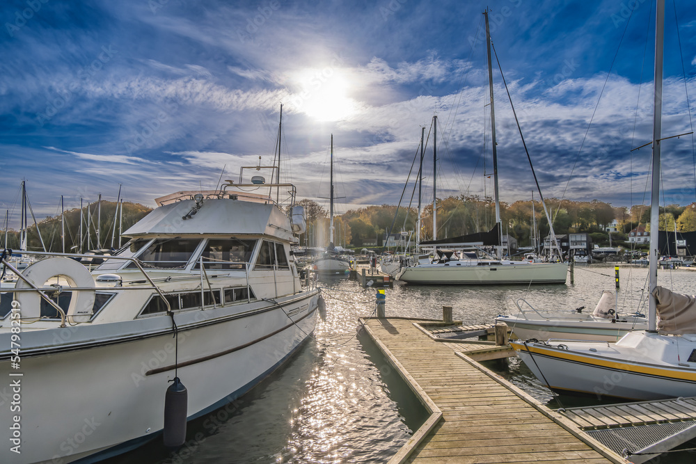 Fototapeta premium Brejning small harbor marina at Vejle Fjord, Denmark
