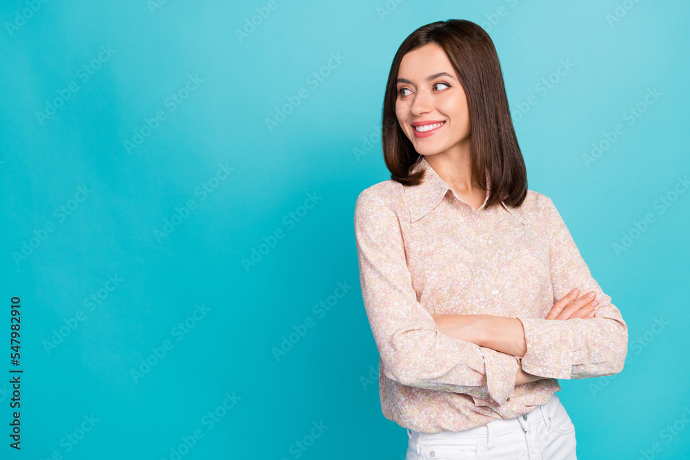 Photo of pretty adorable lady wear trendy outfit interested look empty space discount offer proposition isolated on cyan color background Photo of pretty adorable lady wear trendy outfit interested look empty space discount offer proposition isolated on cyan color background