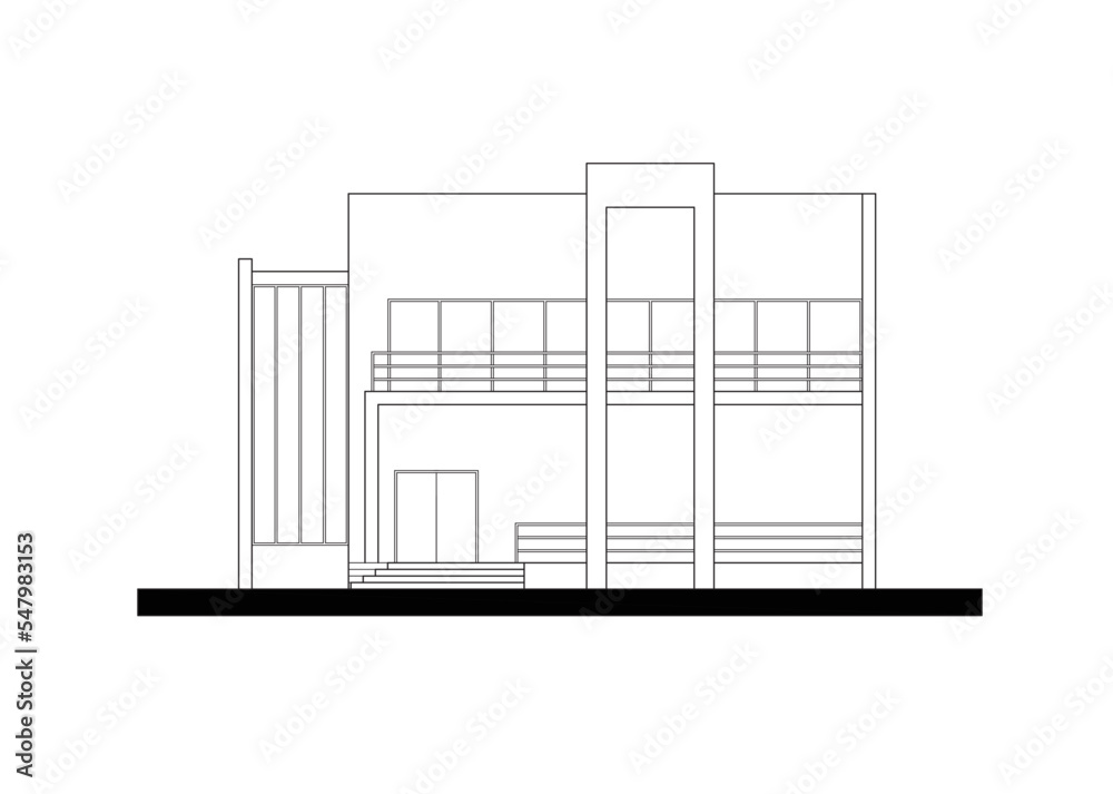 
2D architectural graphic CAD illustration of the front facade of a modern house. 2 floors with modern elements. Black and white.