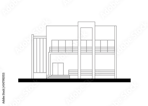 
2D architectural graphic CAD illustration of the front facade of a modern house. 2 floors with modern elements. Black and white.