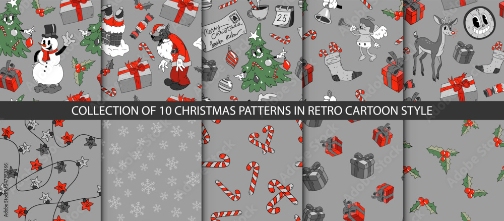 Set of 10 Christmas vector patterns with Happy New Year elements in retro cartoon style. Collection of holiday winter textures