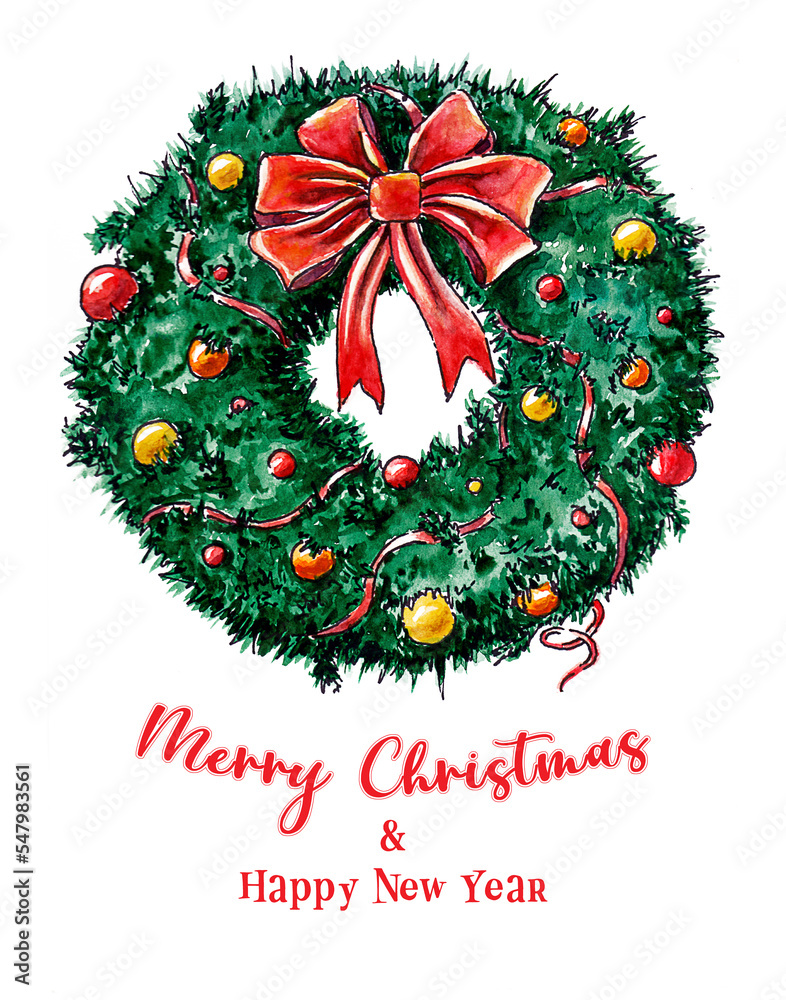 Watercolor Christmas card from a Christmas wreath with toys Watercolor Christmas card from a Christmas wreath with toys
