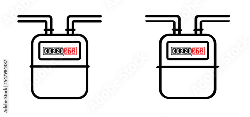 Cartoon yellow gas meter counter. Technology electrical energy icon, counter for distribution domestic current. m3 sign. Measure consumption, control of electric price. Bill, monitor