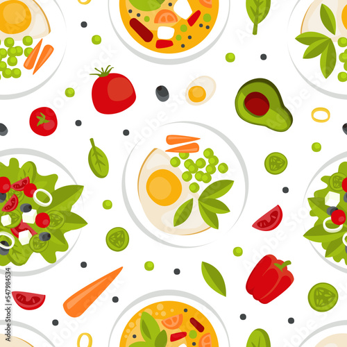 Fresh Natural Food Served on Plate Vector Seamless Pattern Template