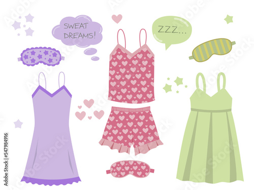 Sleepwear for women, nightwear for females, fashionable collection Pajamas set. Vector in flat style