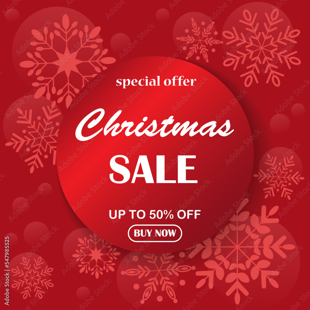 Christmas sale flyer with text on round background and snowflakes. Template for commerce, promotion and advertising