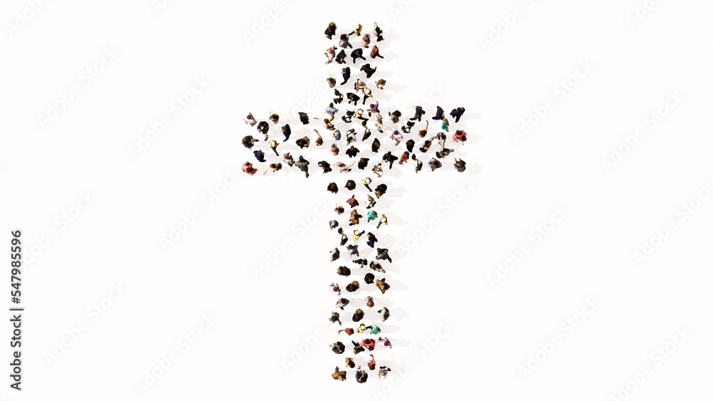 Concept or conceptual large community of people forming the image of a religious christian cross. A 3d illustration metaphor for God, Christ, religion, spirituality, prayer, Jesus or belief Concept or conceptual large community of people forming the image of a religious christian cross. A 3d illustration metaphor for God, Christ, religion, spirituality, prayer, Jesus or belief
