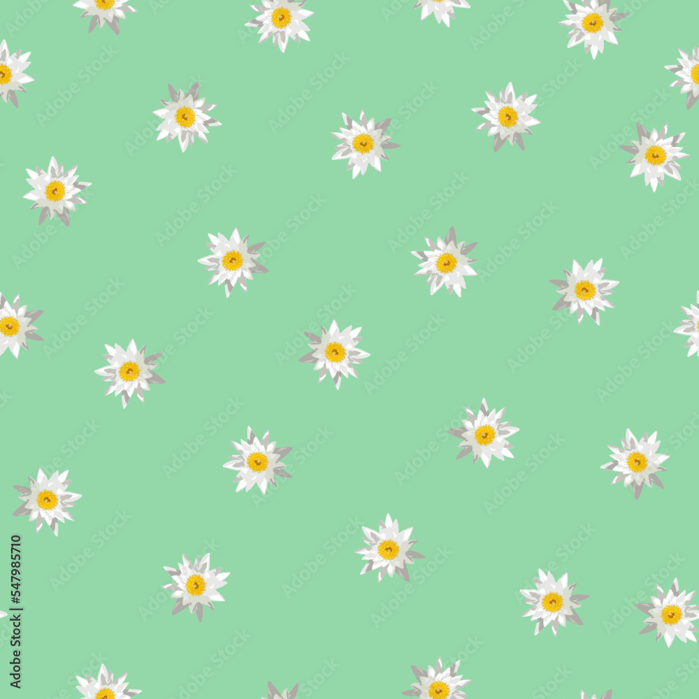 Seamless pattern white water lilies on green background. Lily floral bloom repetiting print, vector eps 10 Seamless pattern white water lilies on green background. Lily floral bloom repetiting print, vector eps 10