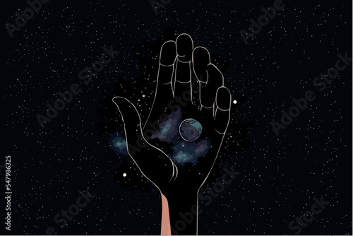 Hand reaching for the stars vector art concept. Dreaming of achieving your goal. Symbol of hope. Simple motivation design. Space with planets. Hoping for success. Cosmic sign. Stargazing the galaxy