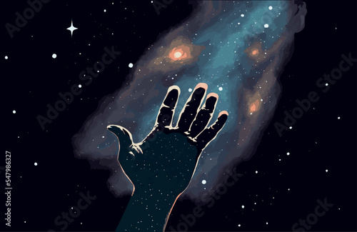 Hand reaching for the stars vector art concept. Dreaming of achieving your goal. Symbol of hope. Simple motivation design. Space with planets. Hoping for success. Cosmic sign. Stargazing the galaxy