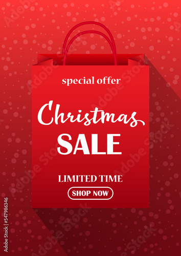 Christmas Sale flyer wiht text on shopping bag and snow. Template for commerce, promotion and advertising