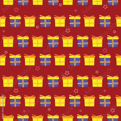 Colorful gift boxes and star on red background seamless pattern. Flat style vector illustration for birthday, holiday and celebration.