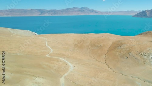 Drone view of the Peiku Co lake with the background of snowy Shishapangmain peaks photo