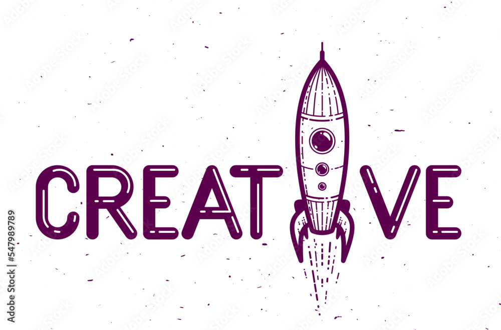 Creative word with rocket instead of letter I, ideas and creativity concept, vector conceptual logo or poster made with special font.
