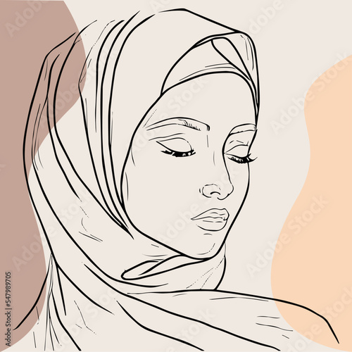 Beautiful arabic woman. Vector line art with boho elements. Minimal muslim woman drawing wearing a hijab. Outline sketch of hand drawn young happy woman. Concept of religion. Graphic  minimal face.