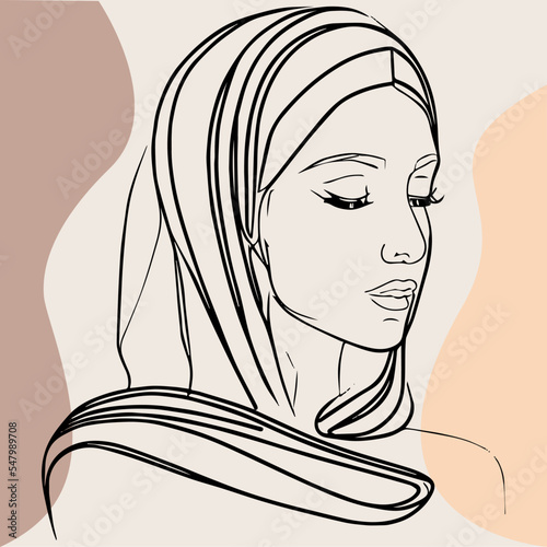 Beautiful arabic woman. Vector line art with boho elements. Minimal muslim woman drawing wearing a hijab. Outline sketch of hand drawn young happy woman. Concept of religion. Graphic  minimal face.