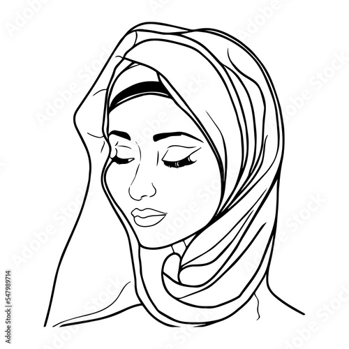 Beautiful arabic woman. Vector line art with boho elements. Minimal muslim woman drawing wearing a hijab. Outline sketch of hand drawn young happy woman. Concept of religion. Graphic  minimal face.