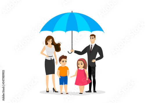 Big happy family under blue protection umbrella. Life and health care insurance symbol concept. Cute parents with children safety healthcare. Caring husband with wife and kids. Vector eps illustration