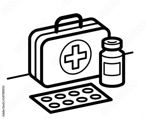 Medicine first aid medical kit theme pills and bottles 3d vector illustration isolated, medicaments and drugs, health care meds cartoon, vitamins or antibiotics, simple linear design.