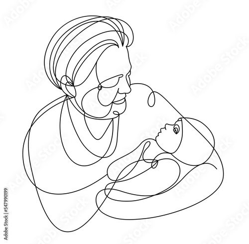 Grandmother and baby child grandson or granddaughter vector linear illustration isolated, grandma holding baby showing love and care.
