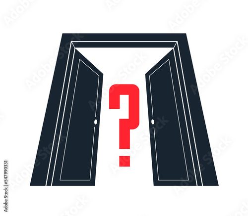 Secret door vector concept, half open door with question mark on it, new opportunities, new career perspectives.
