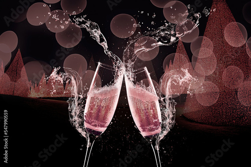 Two glasses of champagne in a splashing brindisi during new year's eve or holidays celebrations. Christmas bokeh lights in the background.