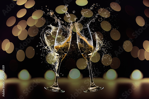 Two glasses of champagne in a splashing brindisi during new year's eve or holidays celebrations. Christmas bokeh lights in the background.