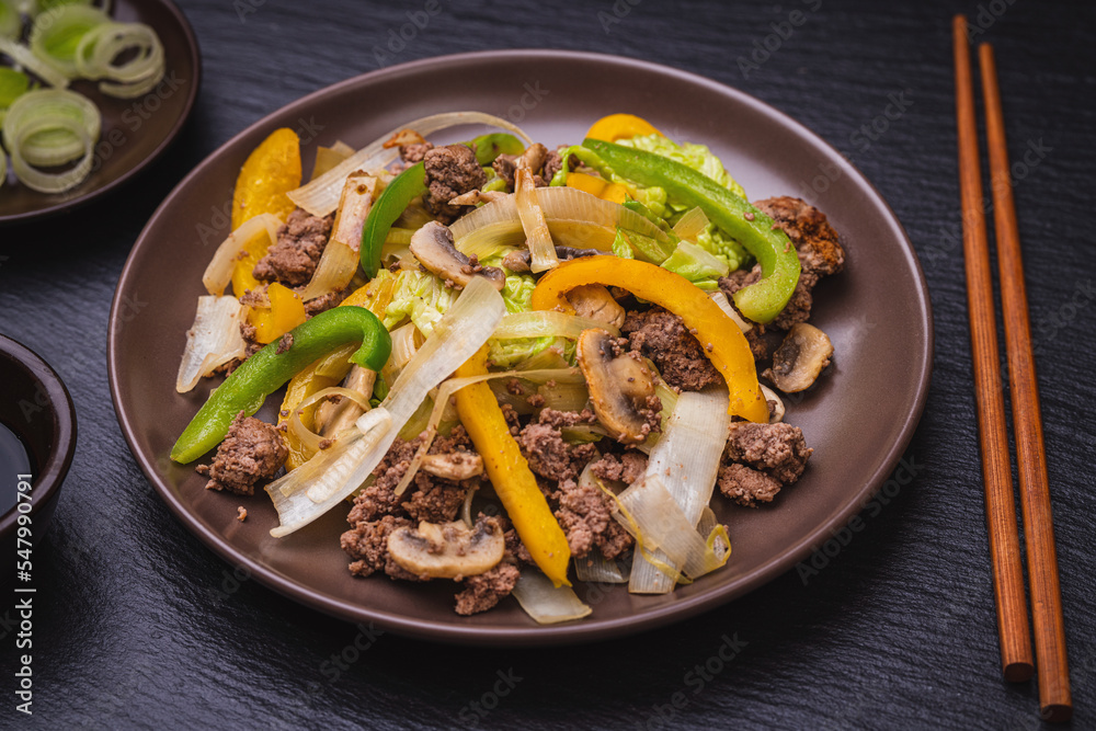 Keto diet dish - stir fry with minced beef and green vegetables. low carb food. Keto diet dish - stir fry with minced beef and green vegetables. low carb food.