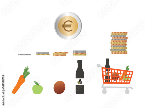 Healthy food and euro coins, costs of healthy diet concept