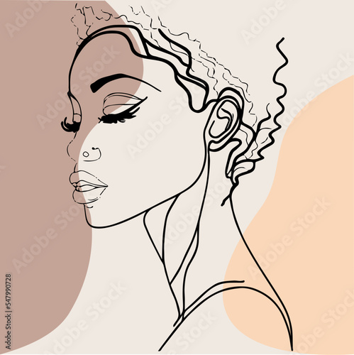Beautiful black woman, line vector art. Drawing with boho elements colors.Elegant line art. Minimal silhouette. Fashion poster of a feminine face. Abstract human shape.  