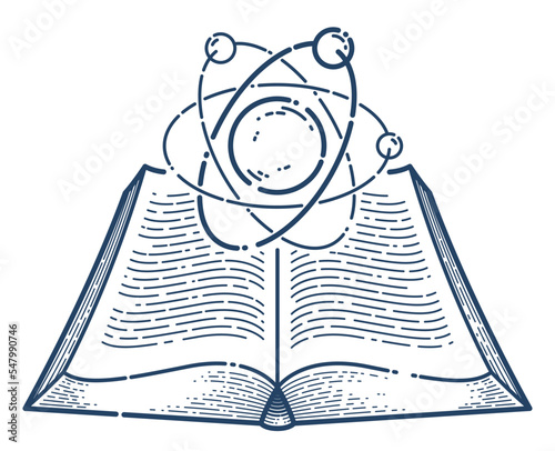 Open book with atom vector linear icon, education and scientific physics literature library reading line art symbol or logo.