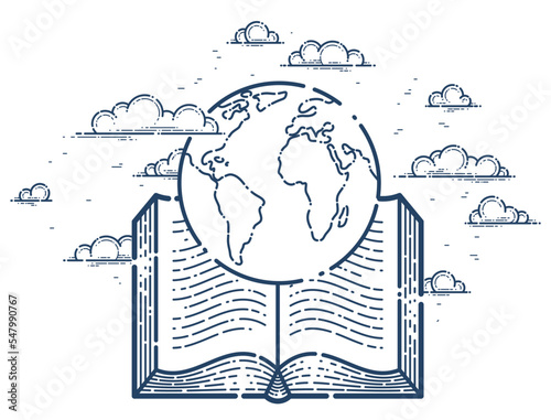 Open book with earth planet vector linear icon, geography or travel literature line art symbol or logo.