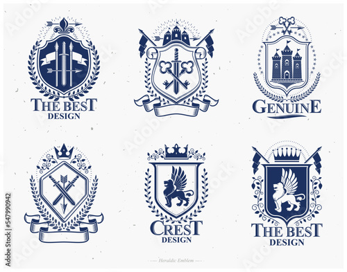 Old style heraldry, heraldic emblems, vector illustrations. Coat of Arms collection, vector set.