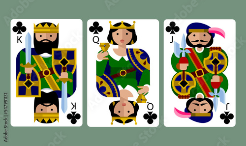 Clubs suit playing cards of King, Queen and Jack in funny modern flat style