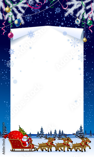 Christmas and New Year poster and page template with white spruce branches, decorations and Santa Claus in a reindeer sleigh against a night winter landscape background. Vector Illustration