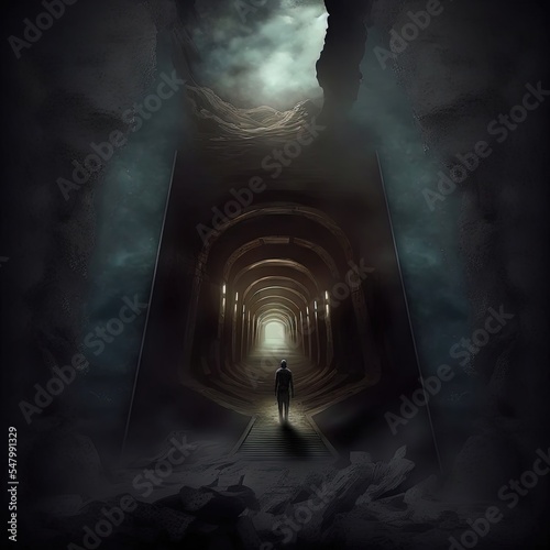 Silhouette of man in dark tunnel. Illustration about depression. Made by AI.