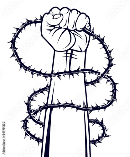 Strong hand clenched fist fighting for freedom against blackthorn thorn slavery theme illustration, vector logo or tattoo, through the thorns to the stars concept.