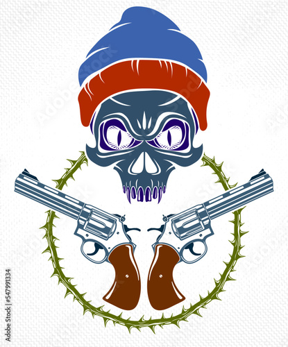 Anarchy and Chaos aggressive emblem or logo with wicked skull, vector vintage scull tattoo, rebel gangster criminal and revolutionary.